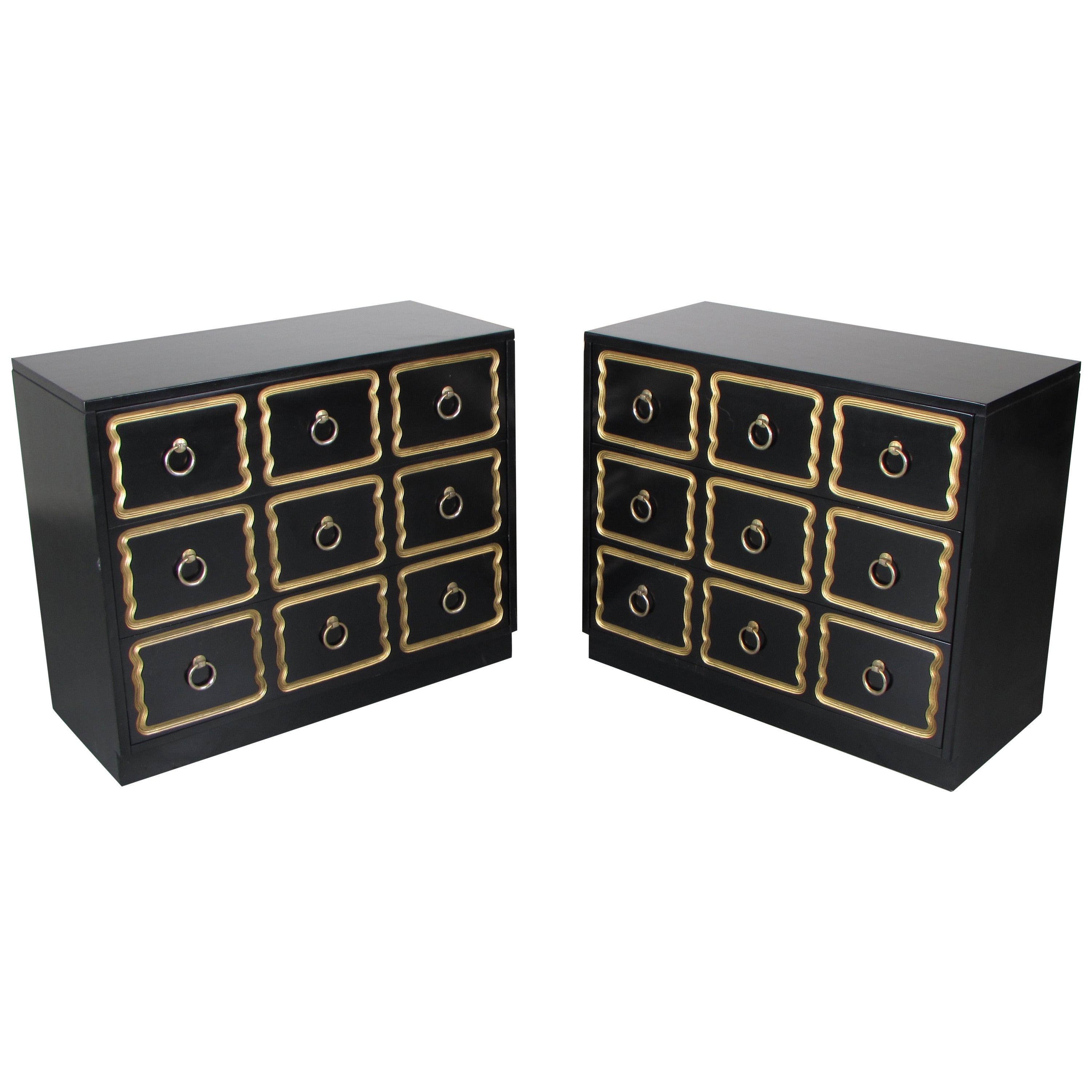 Pair of Glamorous Espana Chests in Black Lacquer by Dorothy Draper, 1950s