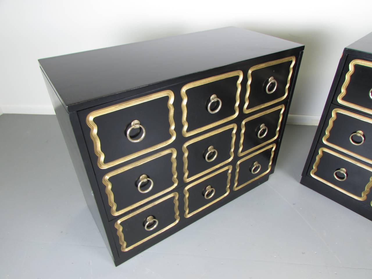 Hollywood Regency Pair of Glamorous Espana Chests in Black Lacquer by Dorothy Draper, 1950s