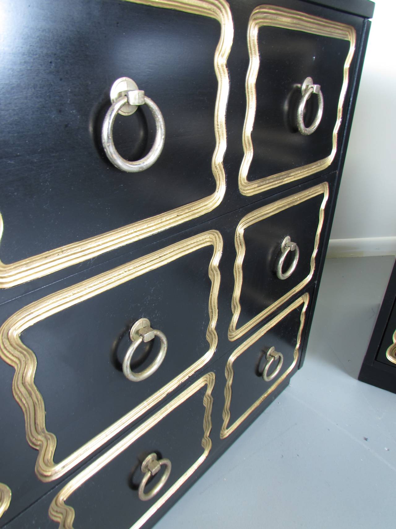 Pair of Glamorous Espana Chests in Black Lacquer by Dorothy Draper, 1950s In Excellent Condition In New York, NY