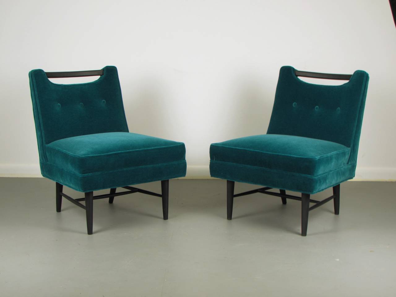 Pair of Sculptural Harvey Probber Style Slipper Chairs in Peacock Mohair. These chairs are absolutely gorgeous. The frames are in a matte ebonized finish. Excellent quality. Sturdy and heavy. 

We offer free regular deliveries to NYC and