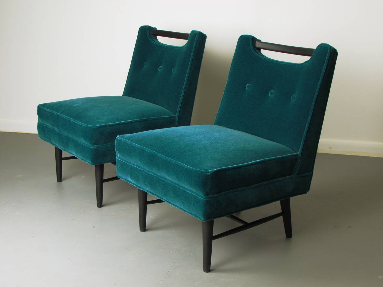Mid-Century Modern Pair of Sculptural Harvey Probber Style Slipper Chairs in Peacock Mohair