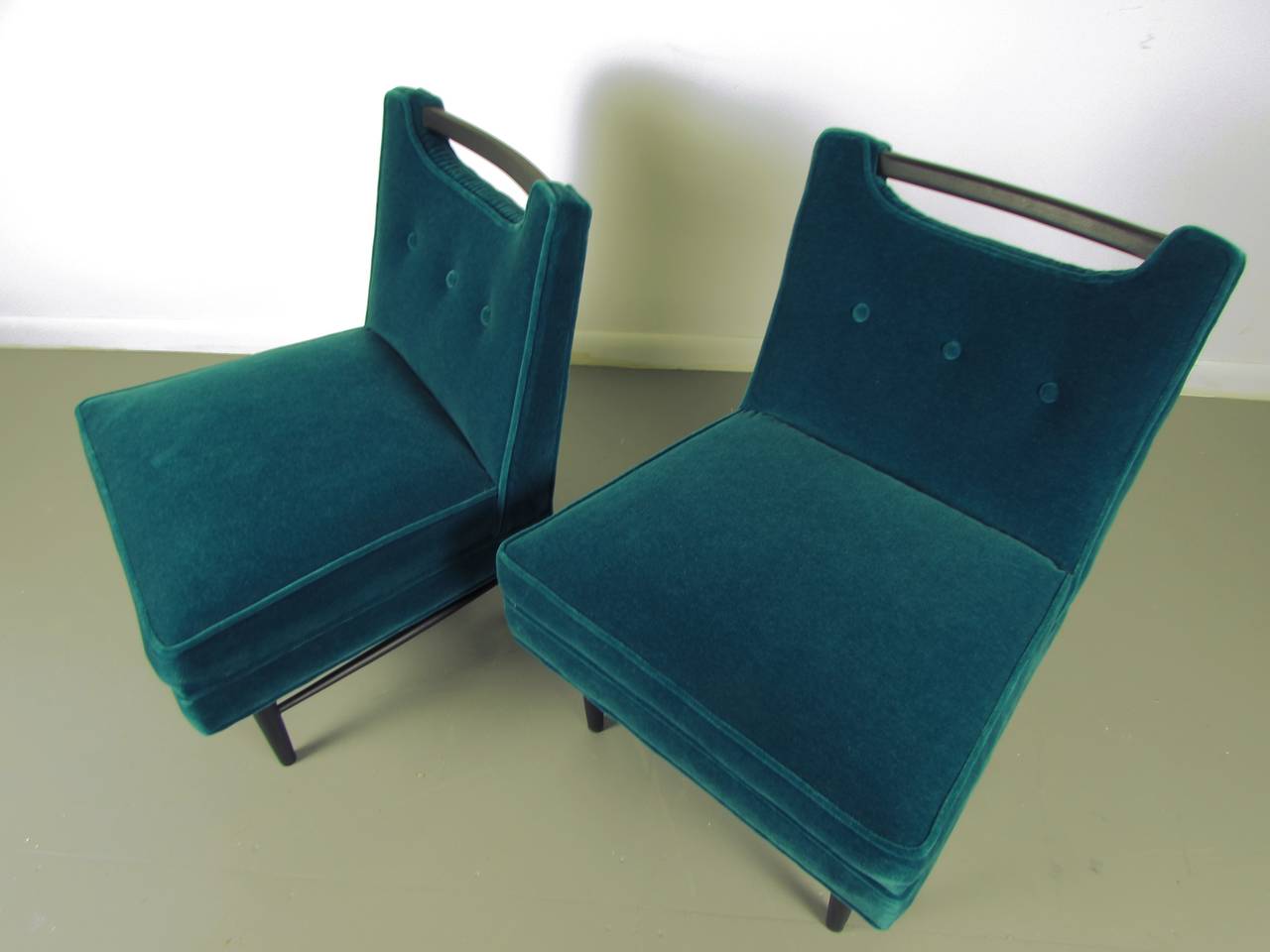 Pair of Sculptural Harvey Probber Style Slipper Chairs in Peacock Mohair 2