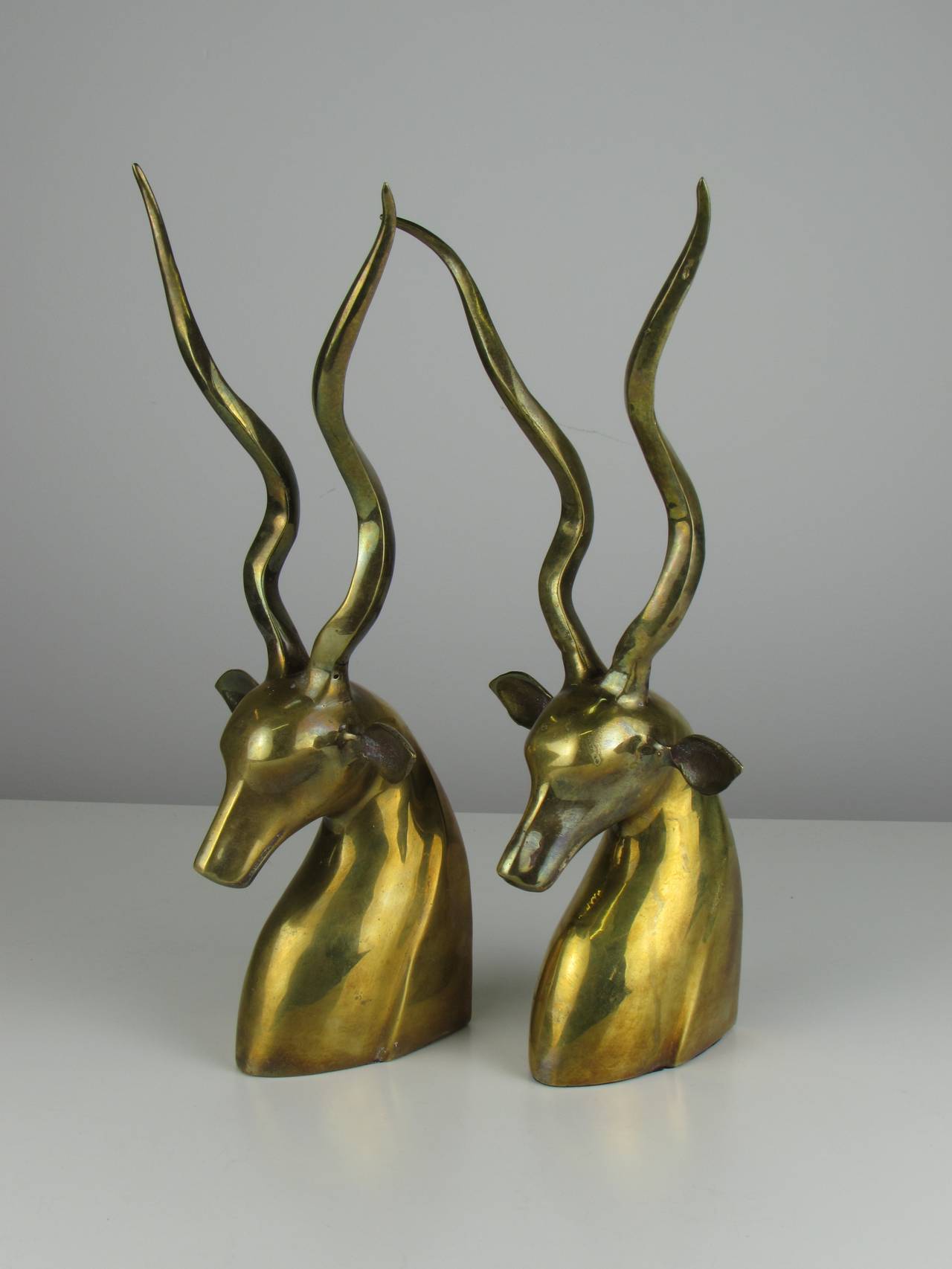 Hollywood Regency Fabulous Large Brass African Kudu Bookends in the Style of Karl Springer