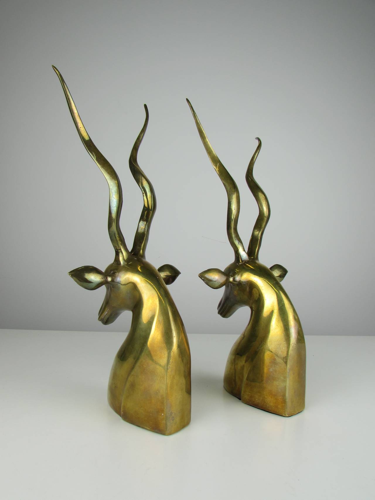 Late 20th Century Fabulous Large Brass African Kudu Bookends in the Style of Karl Springer