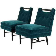 Pair of Sculptural Harvey Probber Style Slipper Chairs in Peacock Mohair