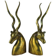 Fabulous Large Brass African Kudu Bookends in the Style of Karl Springer