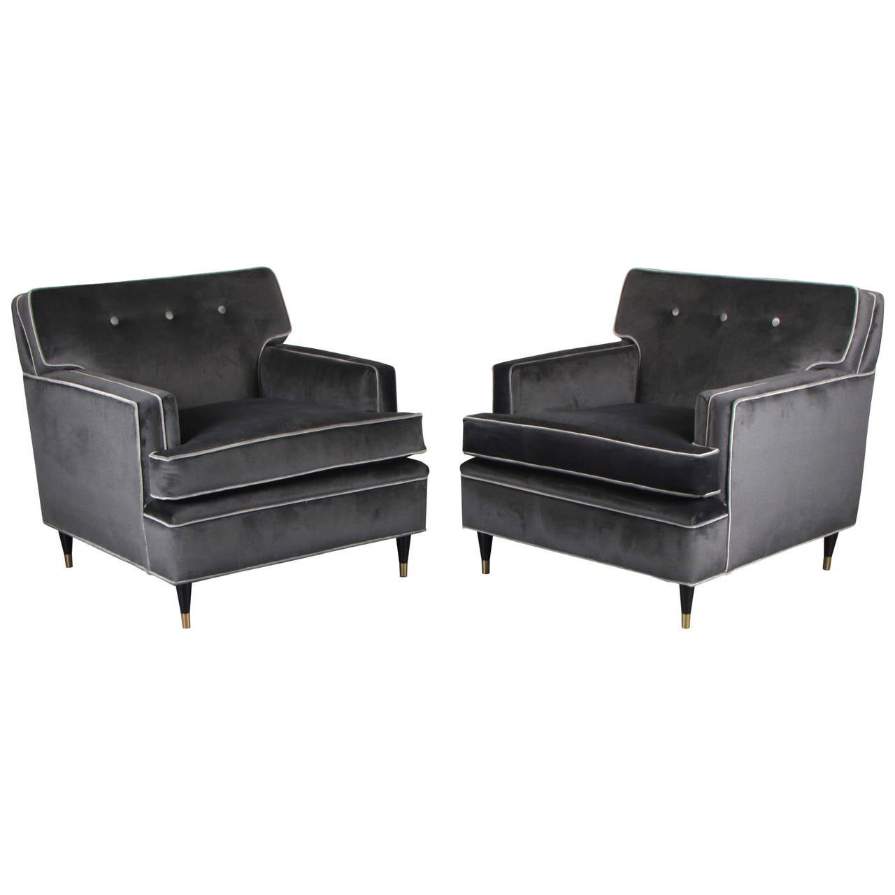 Pair of Charcoal Velvet Tuxedo Lounge Chairs After Harvey Probber, 1960s