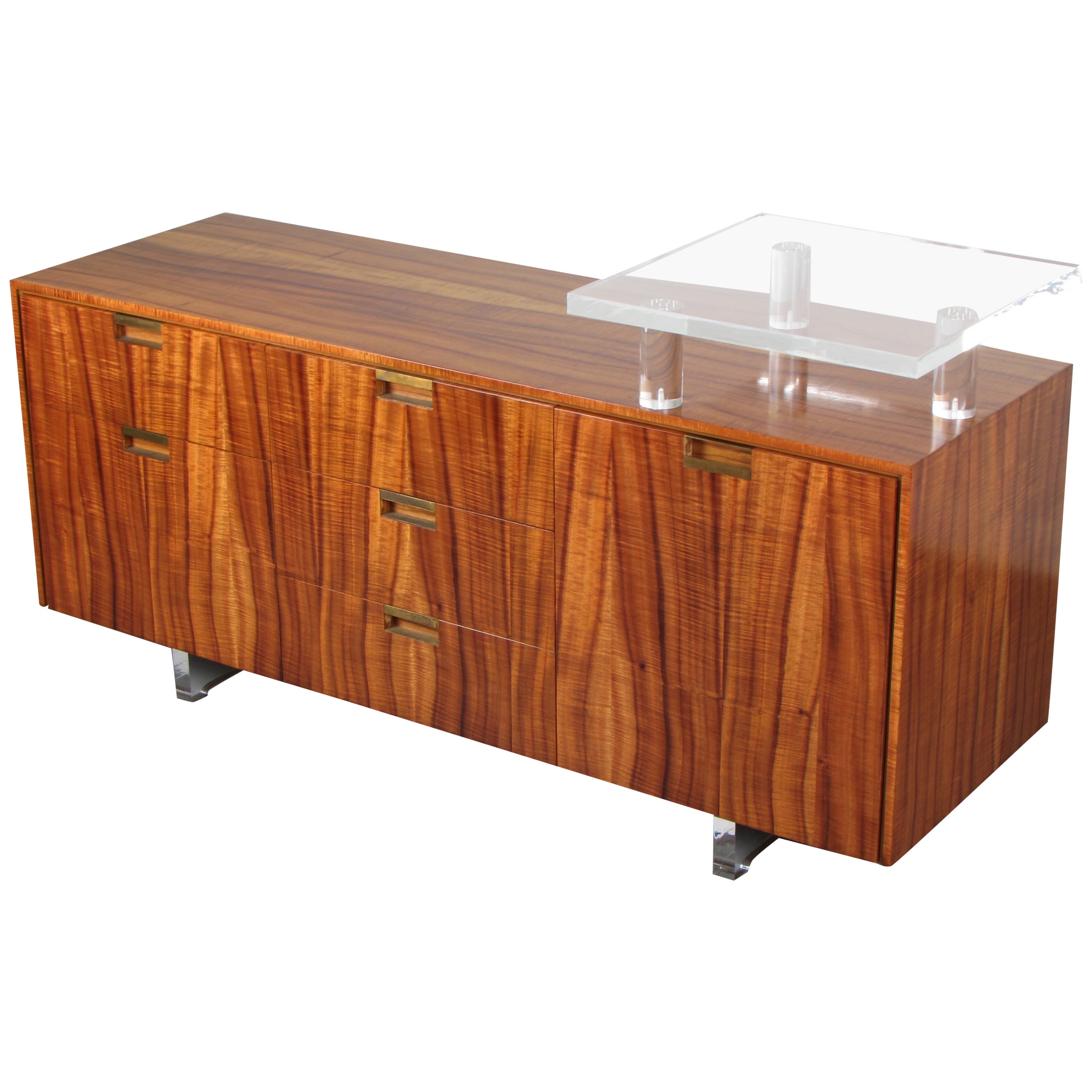 Rare Office Credenza in Exotic Veneer and Lucite by Vladimir Kagan, 1970s