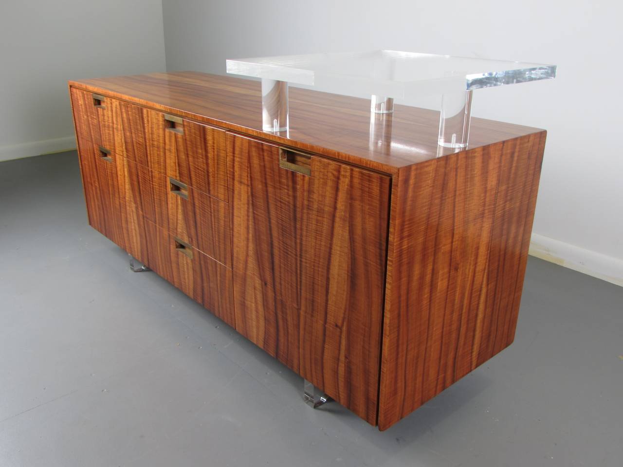 Rare office credenza in exotic veneer and Lucite by Vladimir Kagan, 1970s. Fully restored and in excellent condition. 

We offer free regular deliveries to NYC and Philadelphia area. Delivery to DC, MD, CT and MA are available if schedule permits,