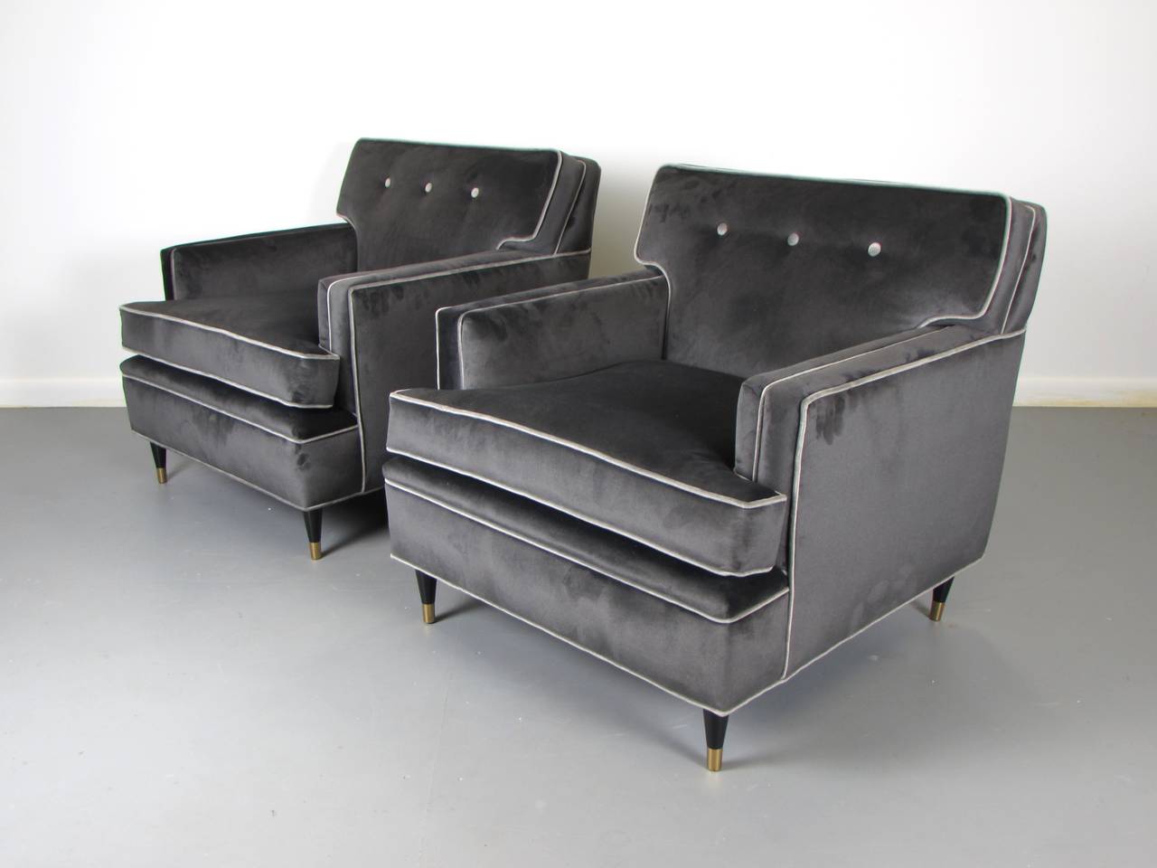 Mid-20th Century Pair of Charcoal Velvet Tuxedo Lounge Chairs After Harvey Probber, 1960s