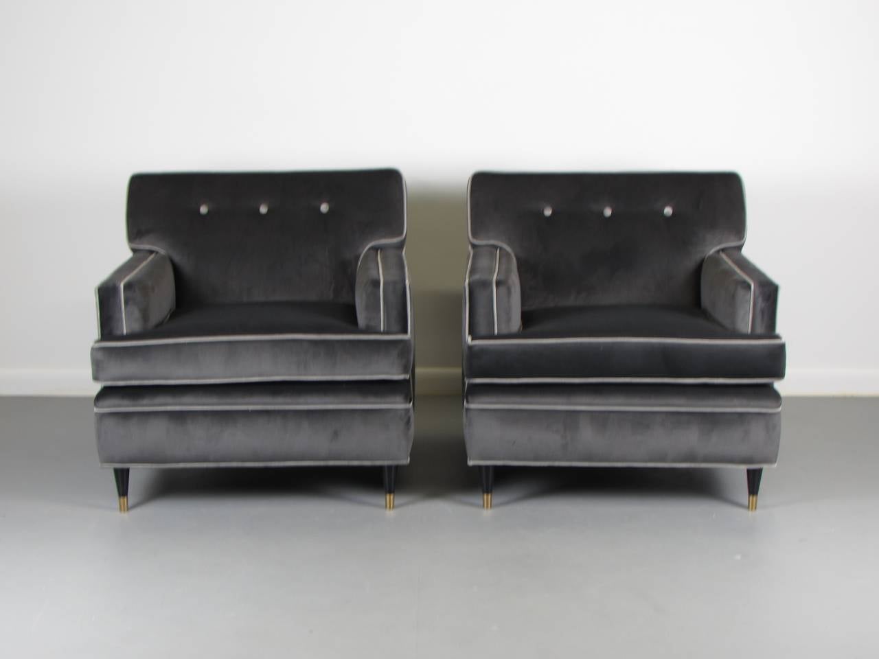 American Pair of Charcoal Velvet Tuxedo Lounge Chairs After Harvey Probber, 1960s