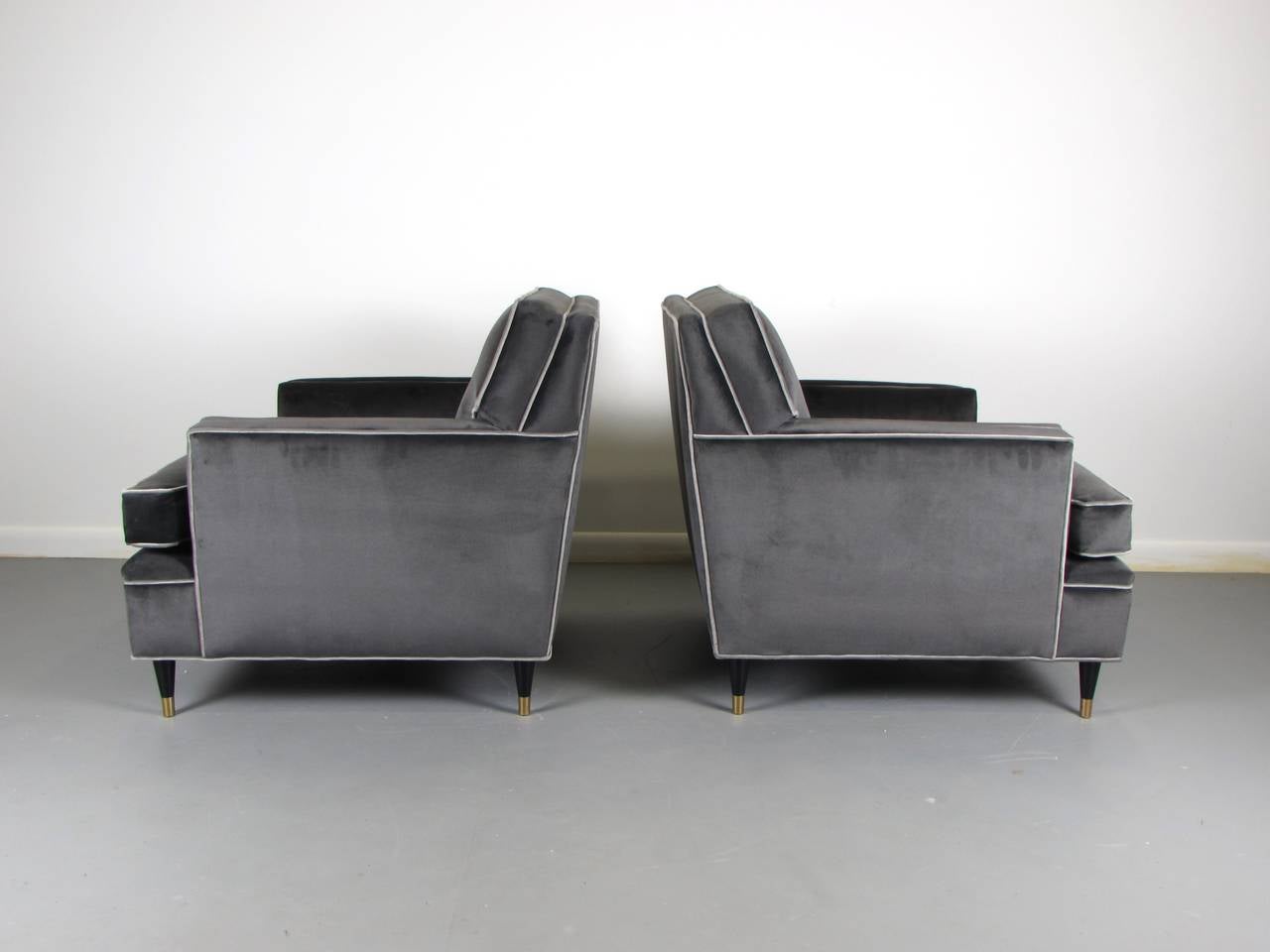 Mid-Century Modern Pair of Charcoal Velvet Tuxedo Lounge Chairs After Harvey Probber, 1960s