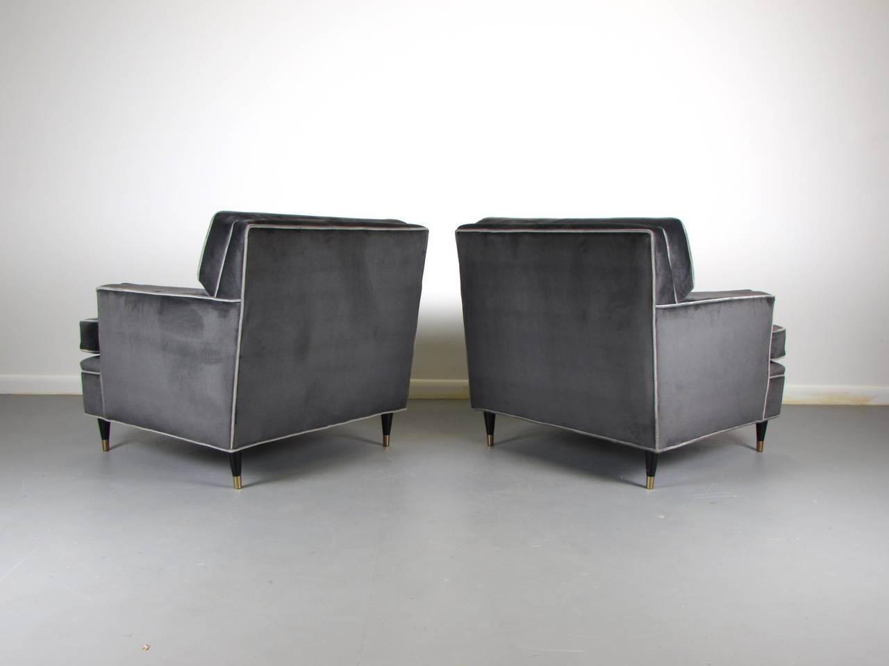 Pair of Charcoal Velvet Tuxedo Lounge Chairs After Harvey Probber, 1960s In Excellent Condition In New York, NY