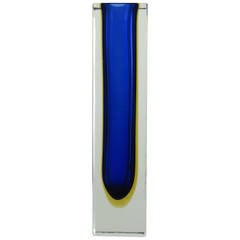 Massive Rectangular Sommerso Murano Vase with Cobalt and Yellow Center