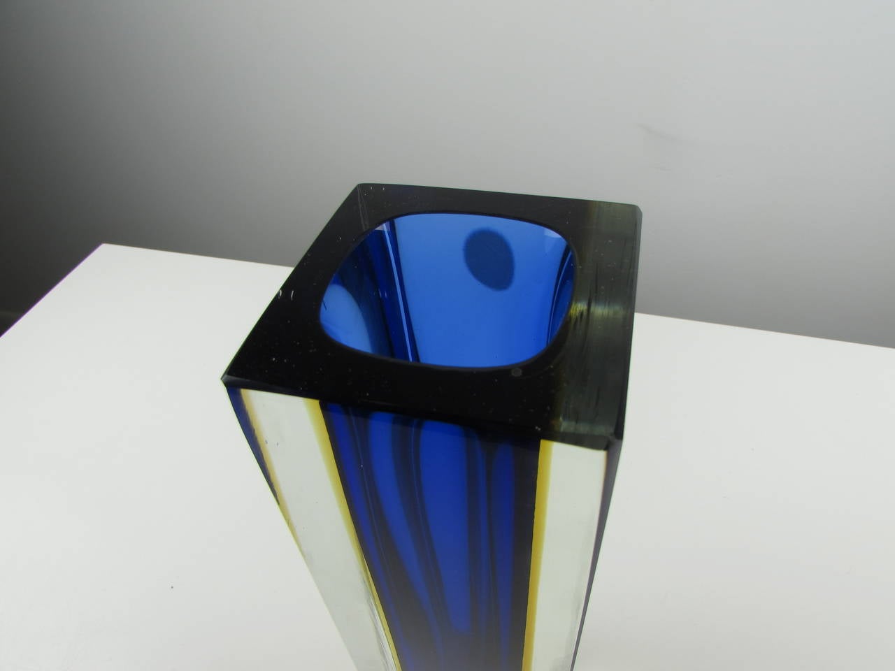 Blown Glass Massive Rectangular Sommerso Murano Vase with Cobalt and Yellow Center