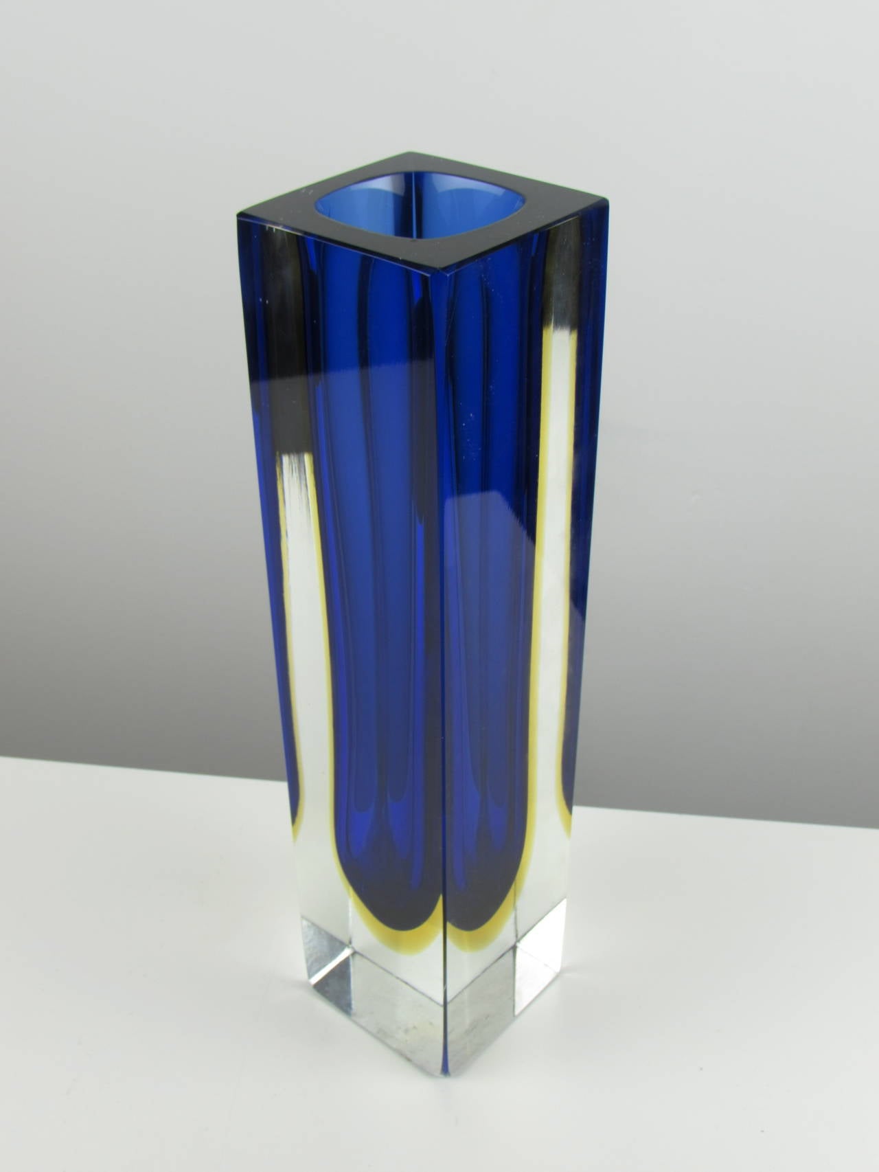 Italian Massive Rectangular Sommerso Murano Vase with Cobalt and Yellow Center