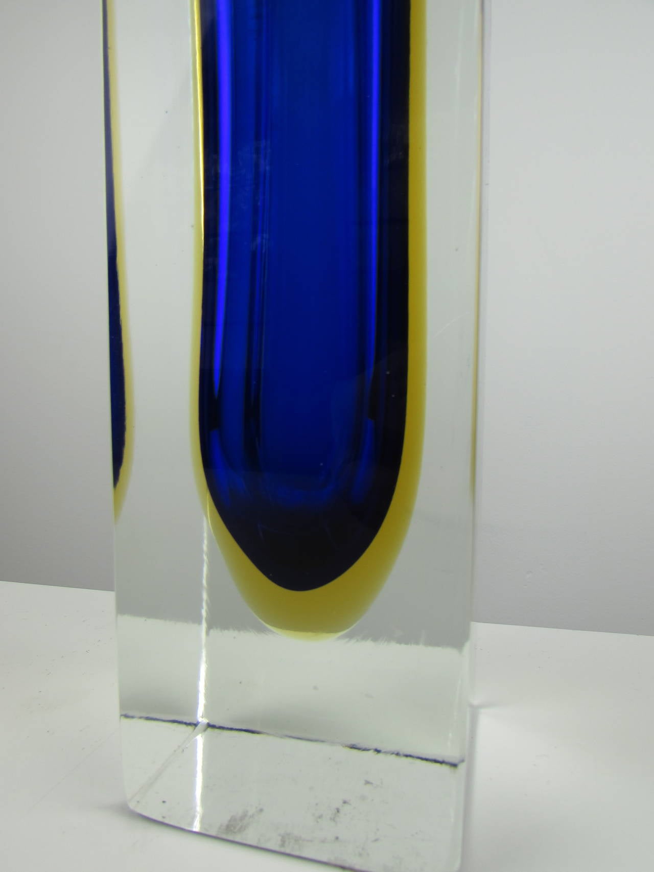 Massive Rectangular Sommerso Murano Vase with Cobalt and Yellow Center In Excellent Condition In New York, NY