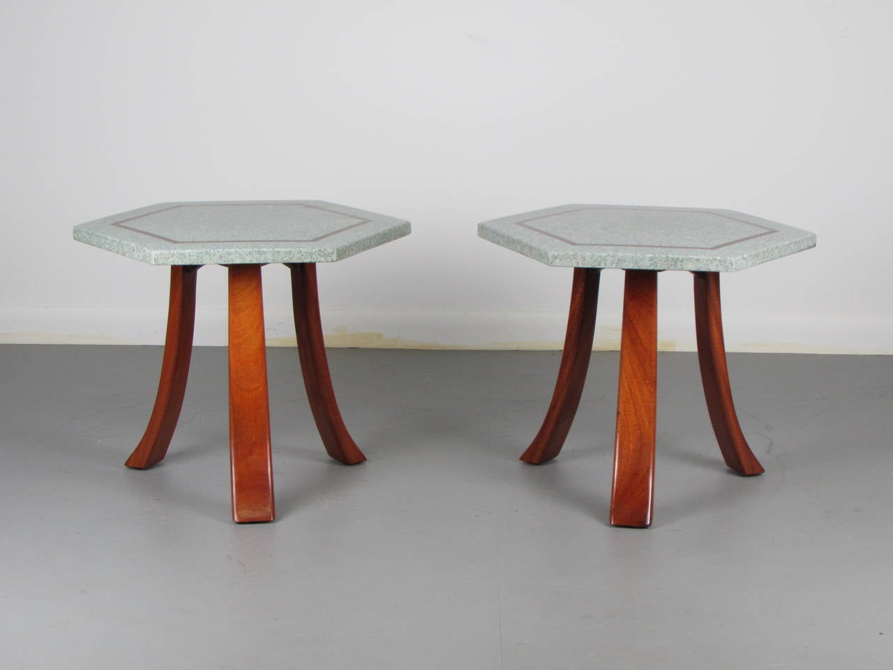 Mid-Century Modern Pair of Sculptural Tables with Terrazzo and Brass Tops by Harvey Probber, 1960s
