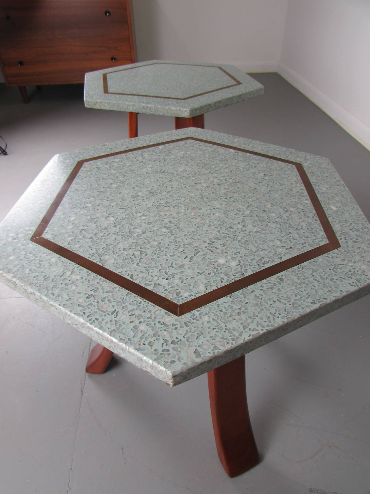 Inlay Pair of Sculptural Tables with Terrazzo and Brass Tops by Harvey Probber, 1960s