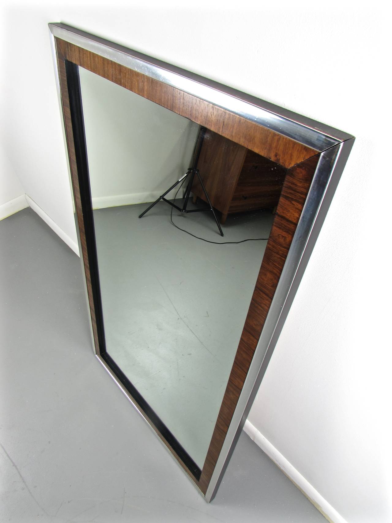Mid-Century Modern Striking Baughman Style Rosewood and Chrome Wall Mirror by John Stuart, 1970s