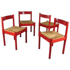 Joyful Set of Rare Red Carimate Dining Chairs by Vico Magistretti, 1950s