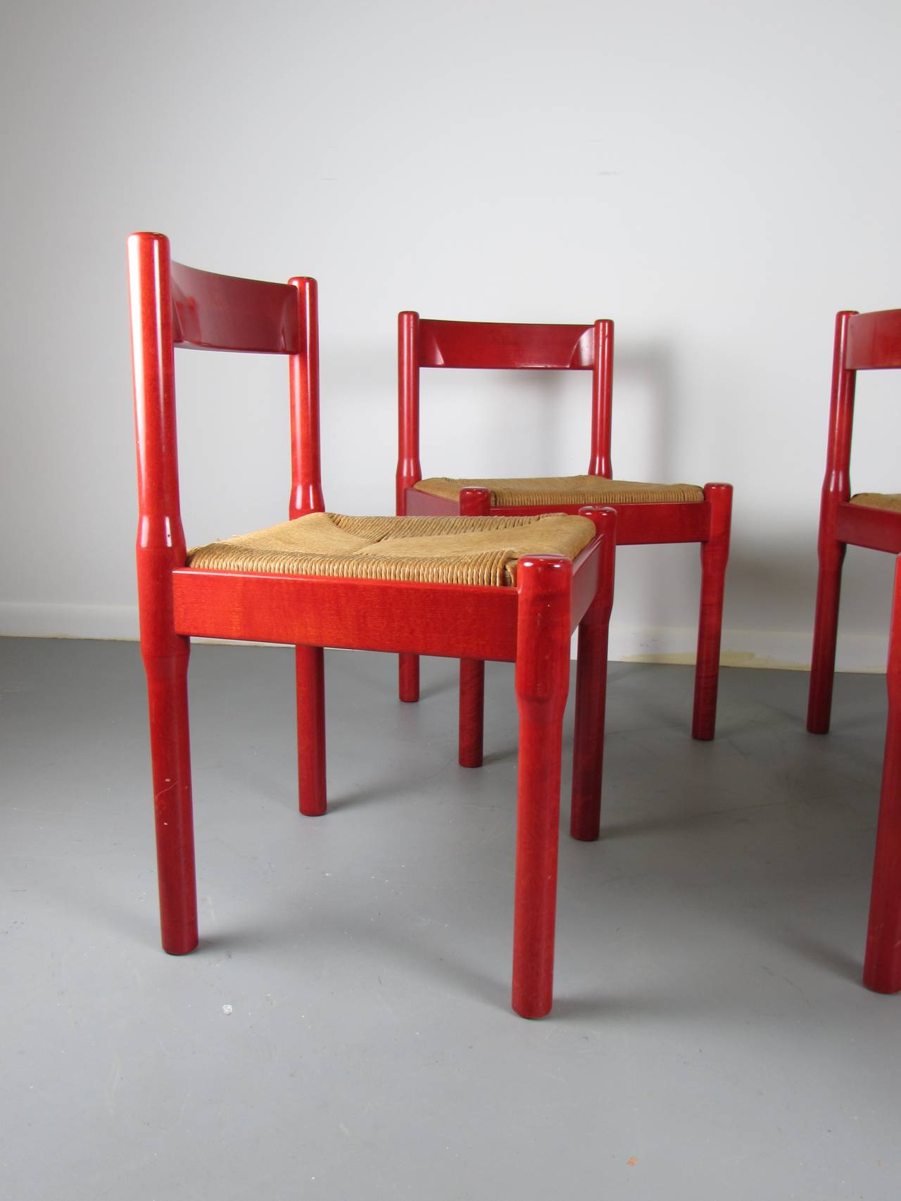 Mid-Century Modern Joyful Set of Rare Red Carimate Dining Chairs by Vico Magistretti, 1950s