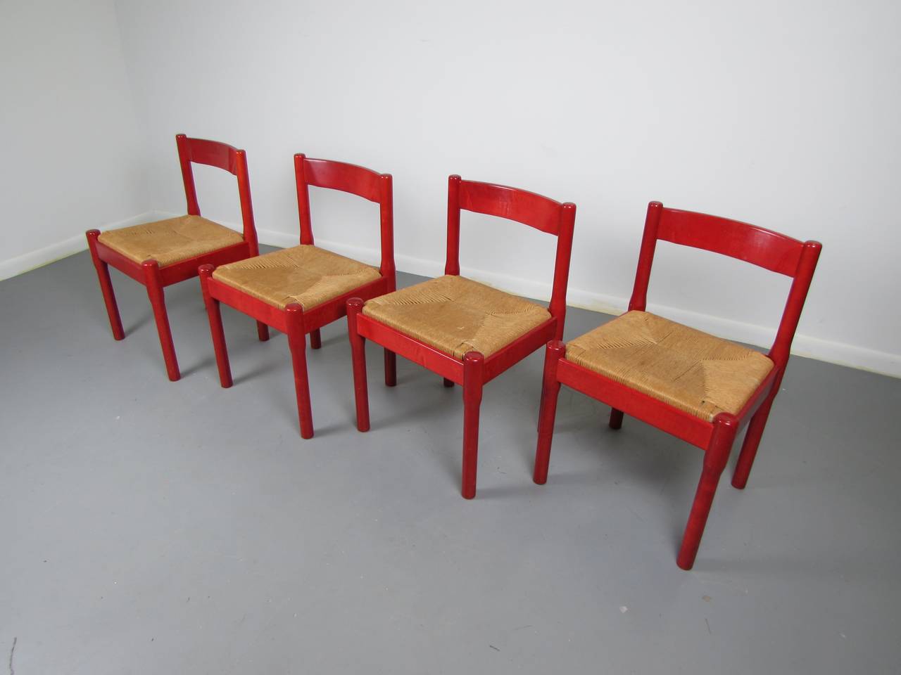 Finnish Joyful Set of Rare Red Carimate Dining Chairs by Vico Magistretti, 1950s
