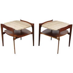 Sculptural Pair of Walnut and Travertine End Tables after Bertha Schaefer, 1950s