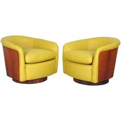 Rare Rosewood Wrapped Swivel Tub Chairs in Leather by Milo Baughman, 1970s