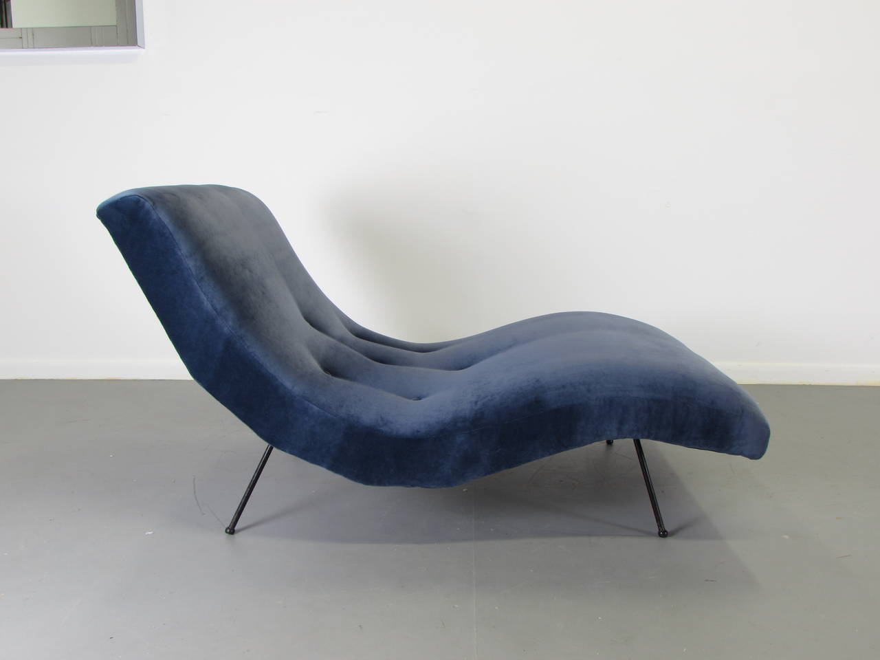 Large-scale, Wave lounge by Adrian Pearsall for Craft Associates. Newly upholstered in a deep blue velvet. This particular version with iron legs is rarely seen.

We offer free regular deliveries to NYC and Philadelphia area. Delivery to DC, MD,
