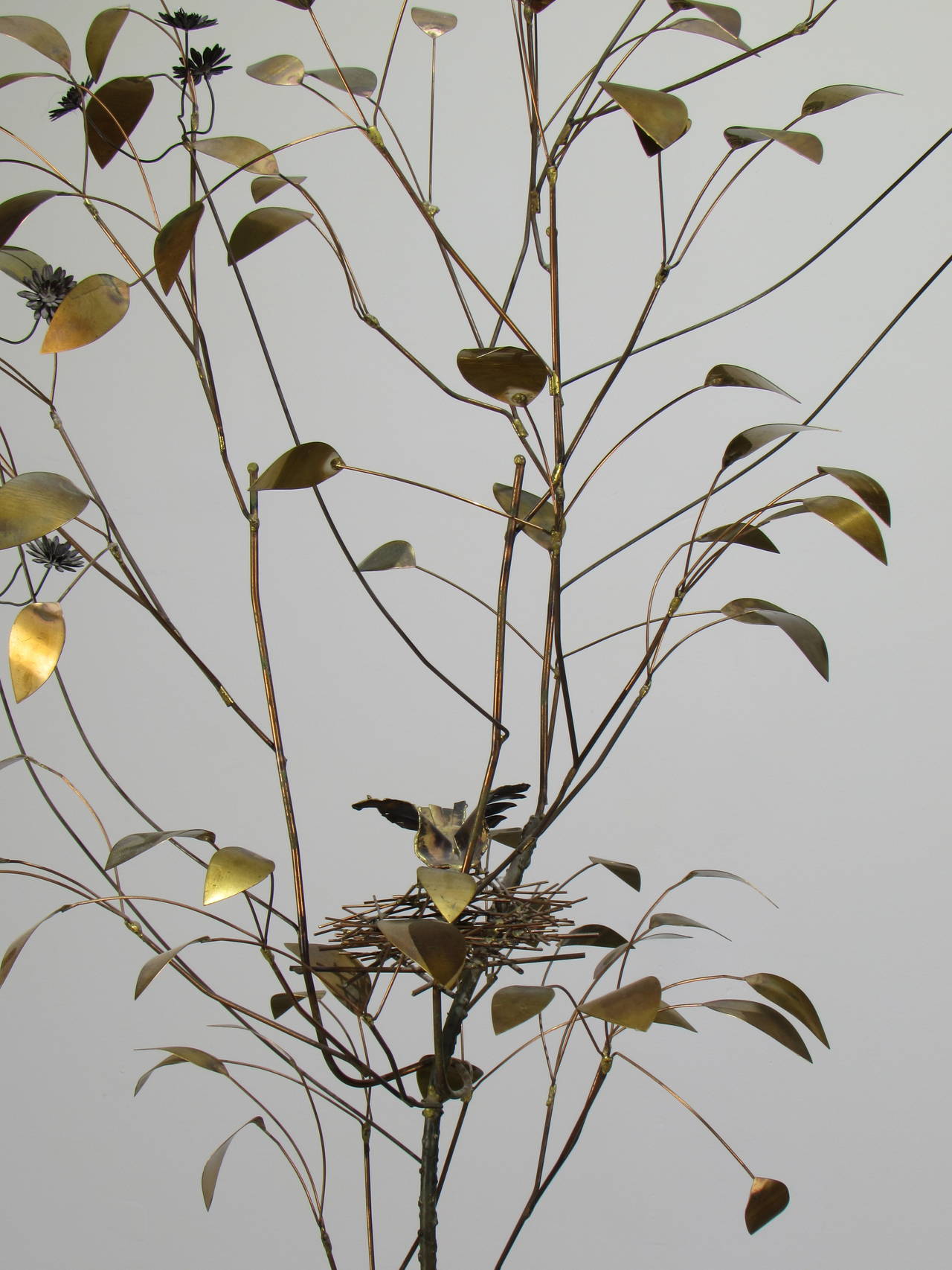 Mid-20th Century Early Brass Floor Sculpture of Tree with Bird in Nest by Curtis Jere, 1969