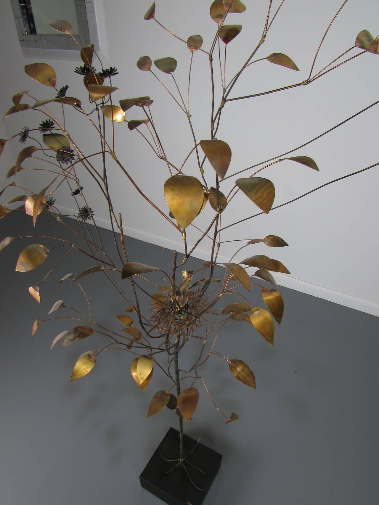 American Early Brass Floor Sculpture of Tree with Bird in Nest by Curtis Jere, 1969