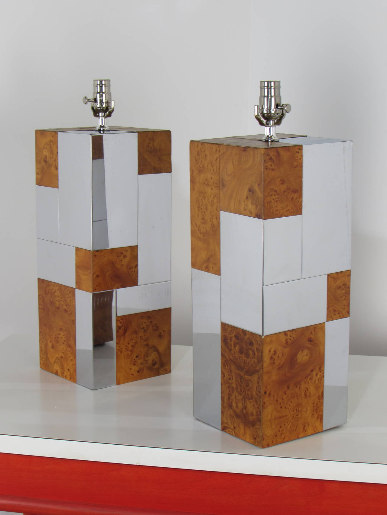 Mid-Century Modern Fabulous Chrome and Burl Cityscape Lamps by Paul Evans for Directional, 1970s