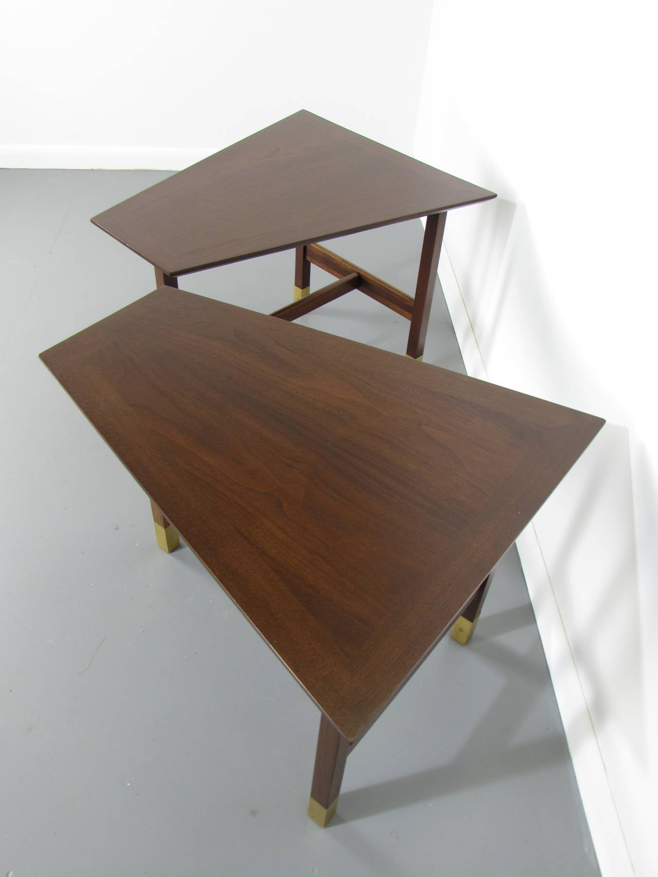 Mid-Century Modern Handsome Trapezoidal Walnut and Brass End Tables by Harvey Probber, 1960s