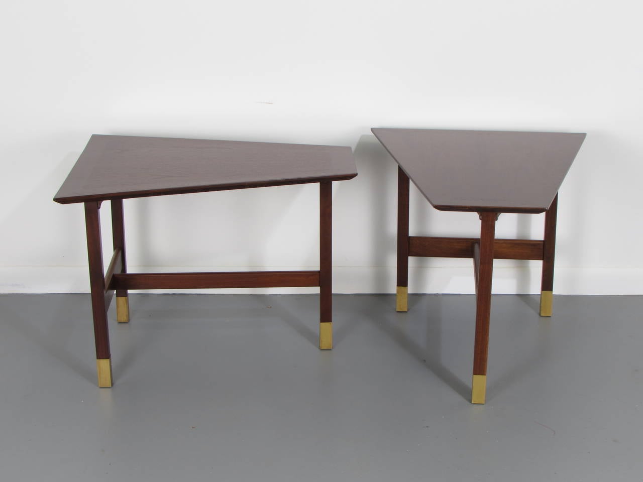 Mid-20th Century Handsome Trapezoidal Walnut and Brass End Tables by Harvey Probber, 1960s