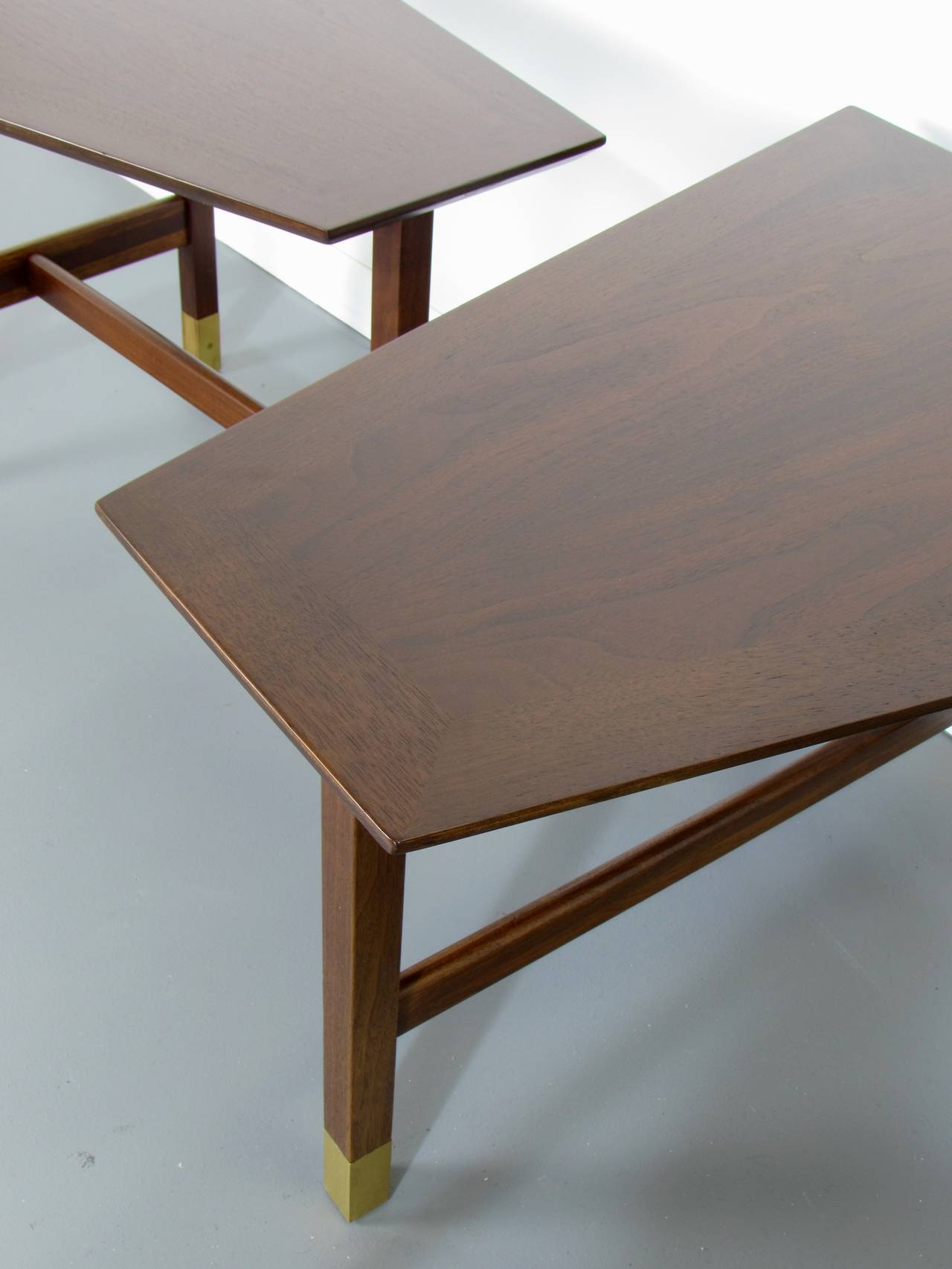 Handsome Trapezoidal Walnut and Brass End Tables by Harvey Probber, 1960s 2