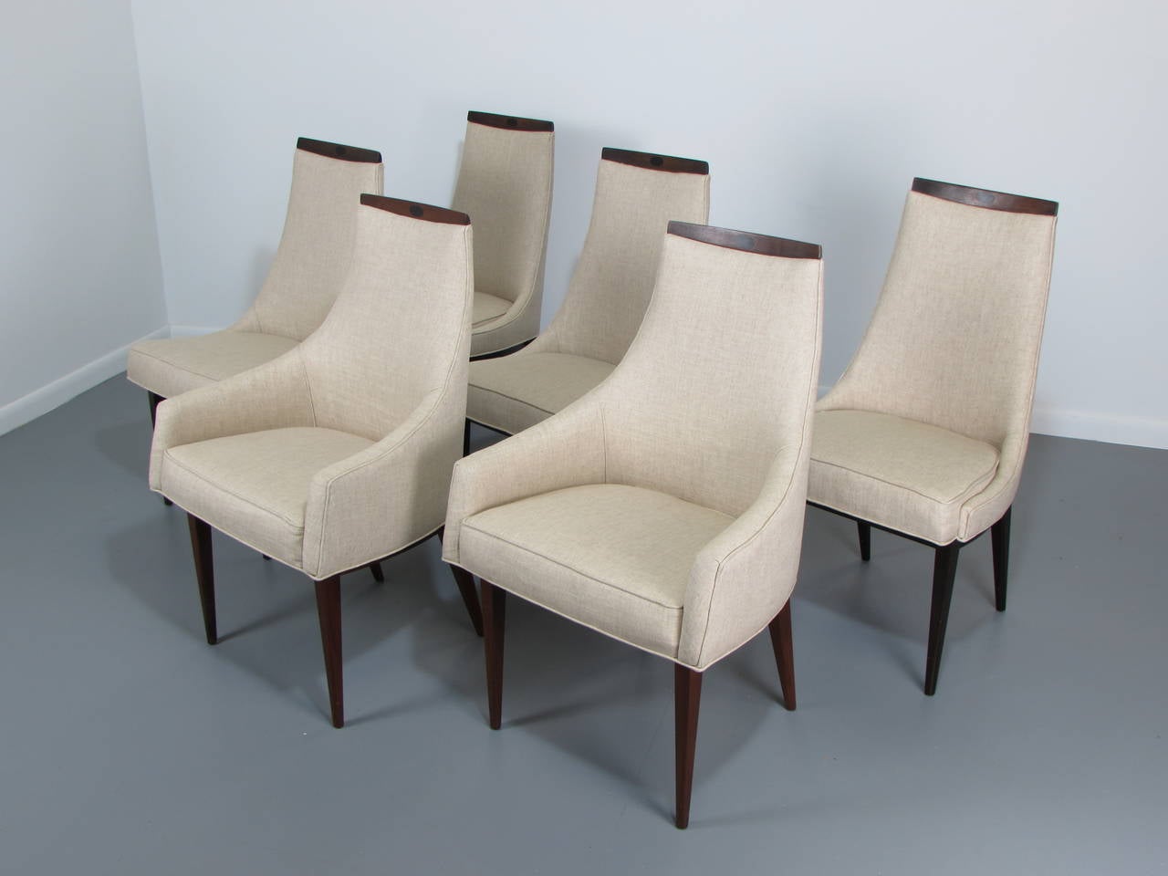 Six gorgeous and rare dining chairs by Kipp Stewart for Calvin / Directional Furniture, 1950s. Fantastically comfortable with elegant, clean lines. These chairs are very hard to find. This set includes four side chairs and two captains chairs. They