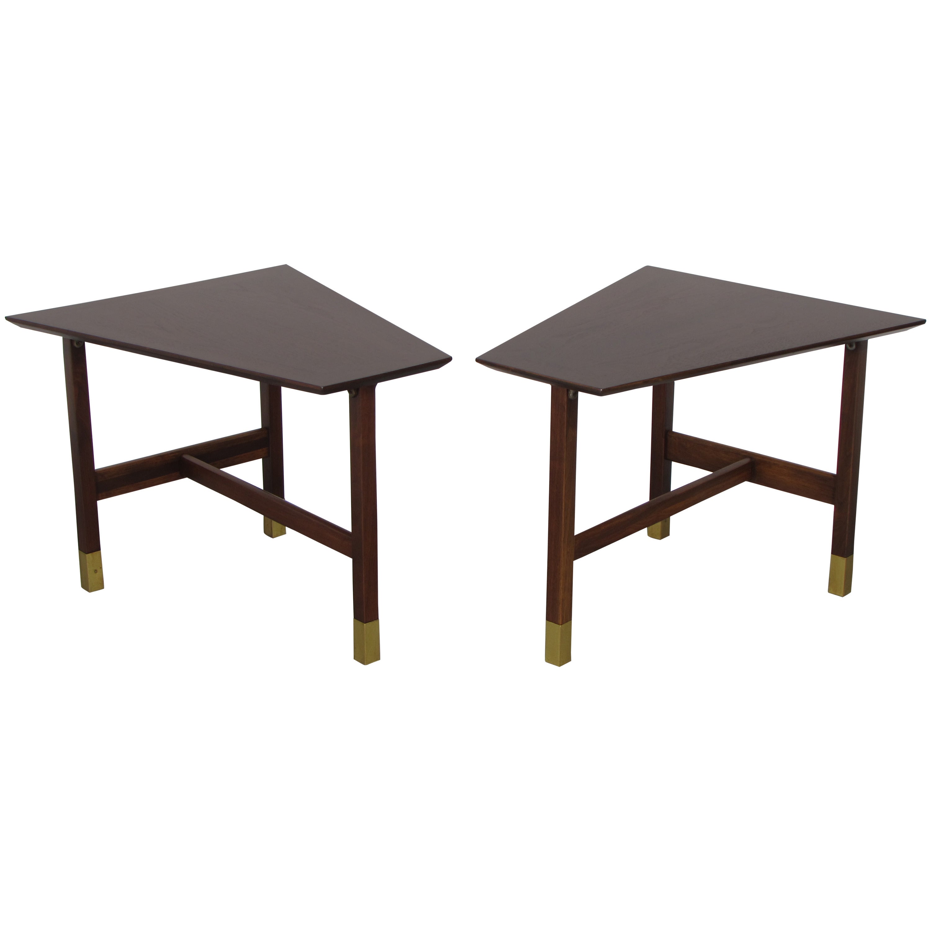 Handsome Trapezoidal Walnut and Brass End Tables by Harvey Probber, 1960s