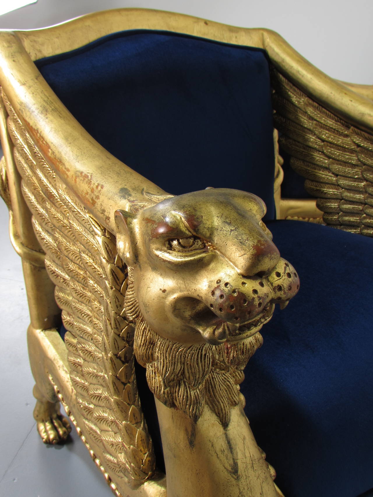 19th Century French Winged Lion Giltwood Empire Throne Bergeres 1