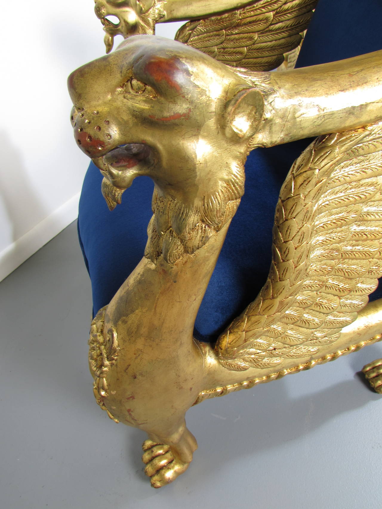 19th Century French Winged Lion Giltwood Empire Throne Bergeres 5