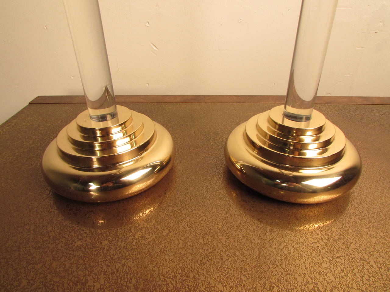 American Sizable Brass and Lucite Candleholders in the Manner of Karl Springer