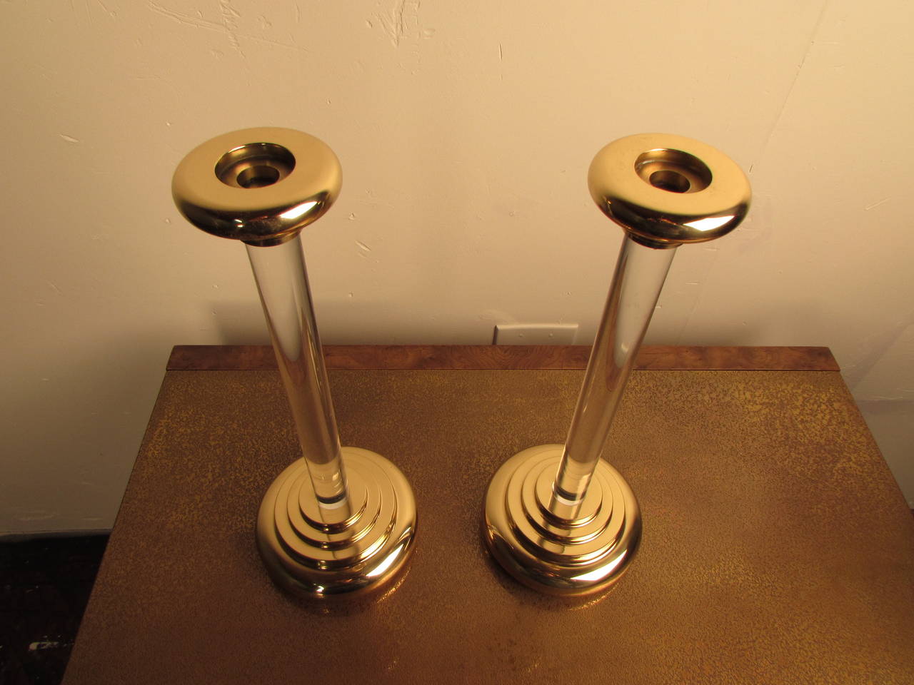 Sizable Brass and Lucite Candleholders in the Manner of Karl Springer In Excellent Condition In New York, NY