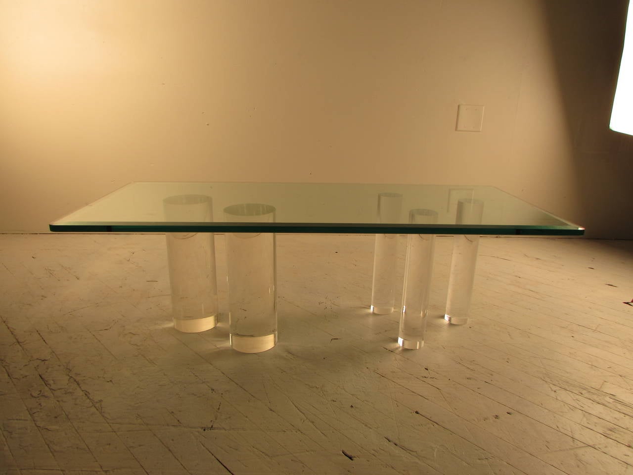 American Cylindrical Lucite Coffee Table with Glass Top