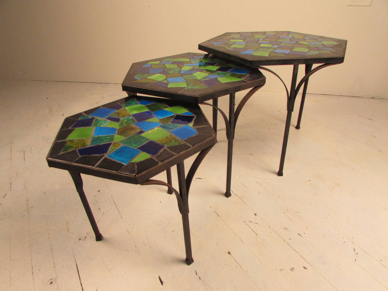 American Set of Three Lively Jon Matin Ceramic Mosaic, Iron Nesting Tables
