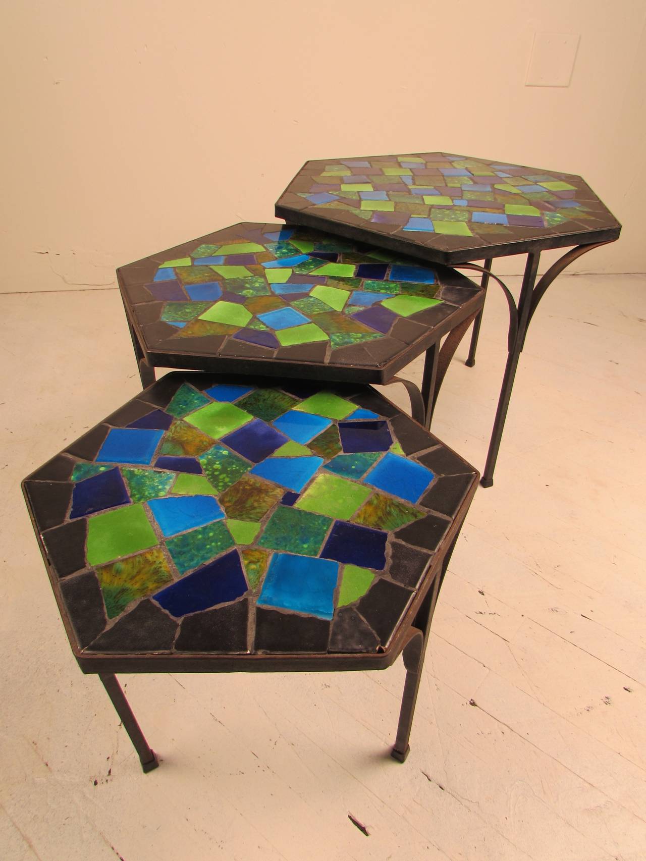 Set of Three Lively Jon Matin Ceramic Mosaic, Iron Nesting Tables at