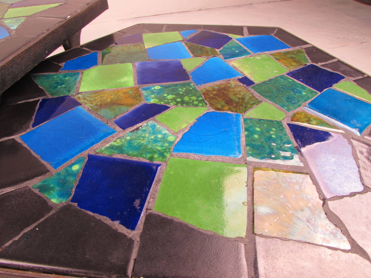 Set of Three Lively Jon Matin Ceramic Mosaic, Iron Nesting Tables 1