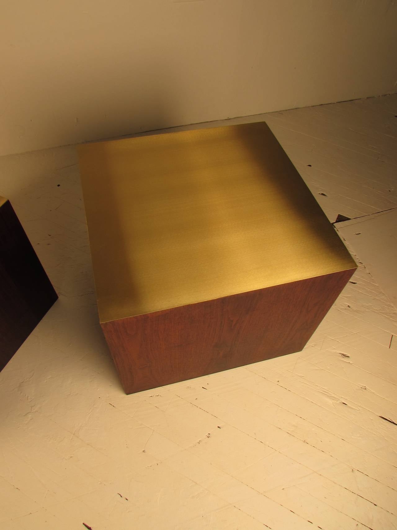 Handsome Harry Lunstead Walnut and Brass Cube Tables In Excellent Condition In New York, NY
