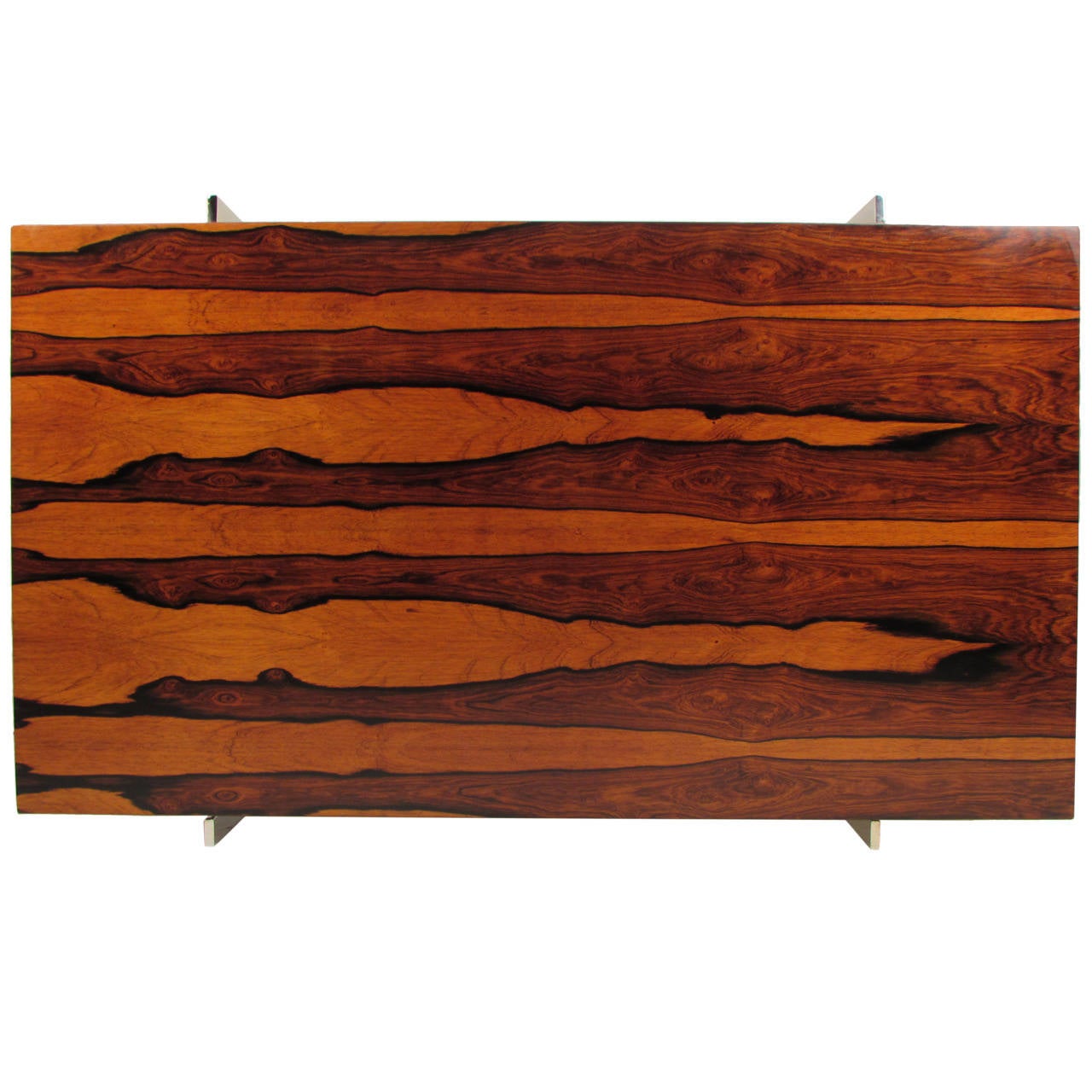 Striking custom Milo Baughman for Thayer Coggin rosewood and nickel-plated steel writing table or desk. Incredible grain with color variations within the rosewood running from blonde to black. Retains its original Thayer Coggin label.

See this item
