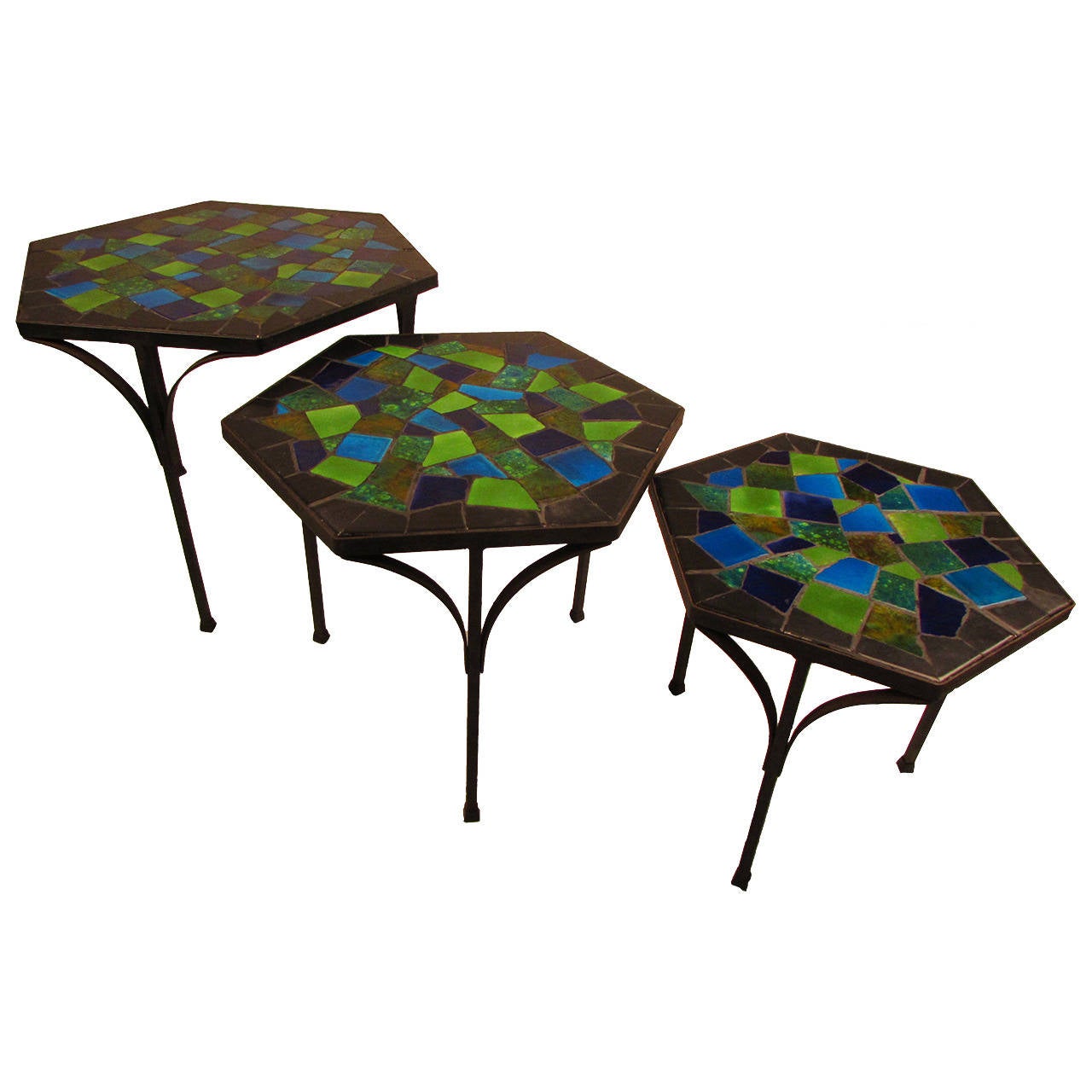 Set of Three Lively Jon Matin Ceramic Mosaic, Iron Nesting Tables at