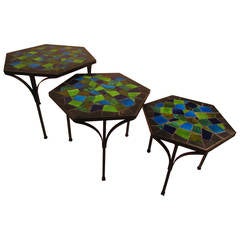 Retro Set of Three Lively Jon Matin Ceramic Mosaic, Iron Nesting Tables